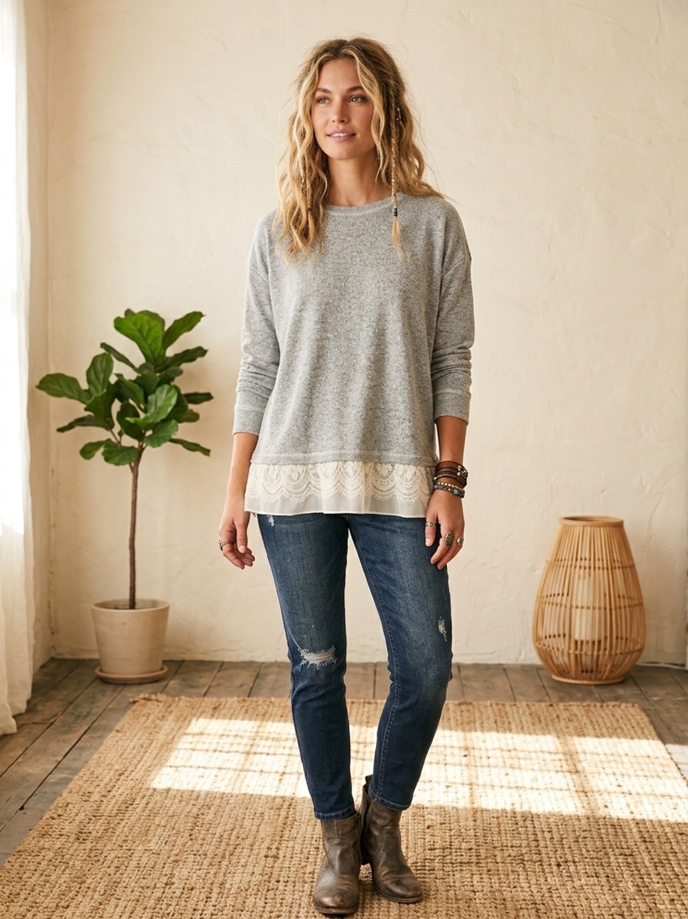 🩶EUC Knox Rose "Boho Chic Gray🩶Knit Layered Sweater Top w/Cream🍦Lace Trim” XL
